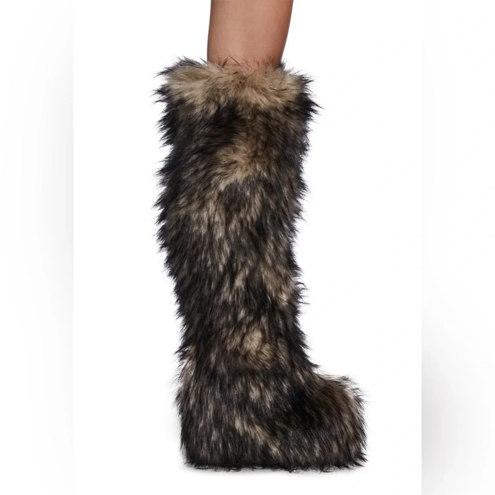 Natural grey thigh high over the knee fur boots size 6